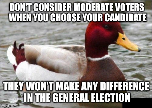 Malicious Advice Mallard | DON'T CONSIDER MODERATE VOTERS WHEN YOU CHOOSE YOUR CANDIDATE; THEY WON'T MAKE ANY DIFFERENCE IN THE GENERAL ELECTION | image tagged in memes,malicious advice mallard | made w/ Imgflip meme maker