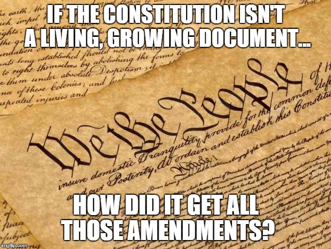 Constitution | IF THE CONSTITUTION ISN'T A LIVING, GROWING DOCUMENT... HOW DID IT GET ALL THOSE AMENDMENTS? | image tagged in constitution,supreme court,obama,scalia,republicans,conservatives | made w/ Imgflip meme maker