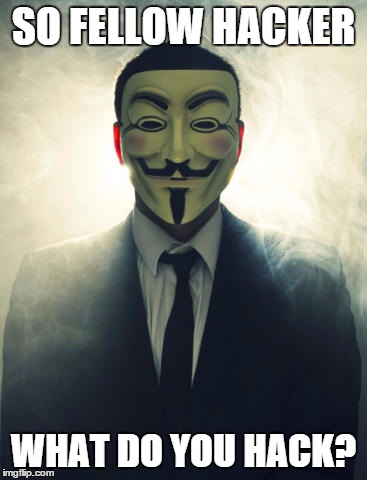 Anonymous | SO FELLOW HACKER WHAT DO YOU HACK? | image tagged in anonymous | made w/ Imgflip meme maker