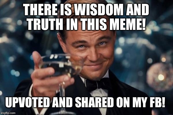 Leonardo Dicaprio Cheers Meme | THERE IS WISDOM AND TRUTH IN THIS MEME! UPVOTED AND SHARED ON MY FB! | image tagged in memes,leonardo dicaprio cheers | made w/ Imgflip meme maker