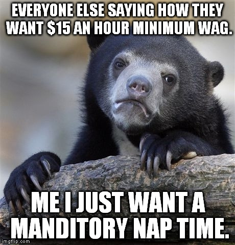 Confession Bear Meme | EVERYONE ELSE SAYING HOW THEY WANT $15 AN HOUR MINIMUM WAG. ME I JUST WANT A MANDITORY NAP TIME. | image tagged in memes,confession bear | made w/ Imgflip meme maker