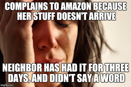 First World Problems Meme |  COMPLAINS TO AMAZON BECAUSE HER STUFF DOESN'T ARRIVE; NEIGHBOR HAS HAD IT FOR THREE DAYS, AND DIDN'T SAY A WORD | image tagged in memes,first world problems | made w/ Imgflip meme maker
