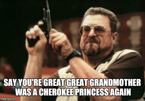 Am I The Only One Around Here Meme | SAY YOU'RE GREAT GREAT GRANDMOTHER WAS A CHEROKEE PRINCESS AGAIN | image tagged in memes,am i the only one around here | made w/ Imgflip meme maker