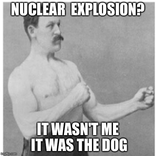 Overly Manly Man Meme | NUCLEAR  EXPLOSION? IT WASN'T ME IT WAS THE DOG | image tagged in memes,overly manly man | made w/ Imgflip meme maker