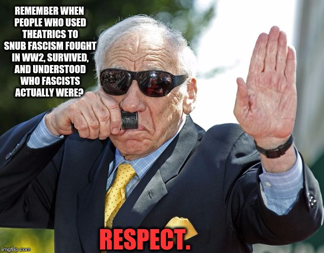 RESPECT. | REMEMBER WHEN PEOPLE WHO USED THEATRICS TO SNUB FASCISM FOUGHT IN WW2, SURVIVED, AND UNDERSTOOD WHO FASCISTS ACTUALLY WERE? RESPECT. | image tagged in mel brooks,ww2,fascism,fascist | made w/ Imgflip meme maker
