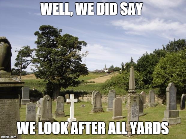 Graveyard | WELL, WE DID SAY; WE LOOK AFTER ALL YARDS | image tagged in graveyard | made w/ Imgflip meme maker
