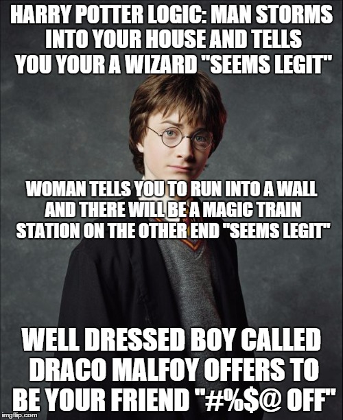 Harry Potter | HARRY POTTER LOGIC: MAN STORMS INTO YOUR HOUSE AND TELLS YOU YOUR A WIZARD "SEEMS LEGIT"; WOMAN TELLS YOU TO RUN INTO A WALL AND THERE WILL BE A MAGIC TRAIN STATION ON THE OTHER END "SEEMS LEGIT"; WELL DRESSED BOY CALLED DRACO MALFOY OFFERS TO BE YOUR FRIEND "#%$@ OFF" | image tagged in harry potter | made w/ Imgflip meme maker