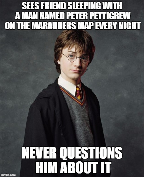 Harry Potter | SEES FRIEND SLEEPING WITH A MAN NAMED PETER PETTIGREW ON THE MARAUDERS MAP EVERY NIGHT; NEVER QUESTIONS HIM ABOUT IT | image tagged in harry potter | made w/ Imgflip meme maker