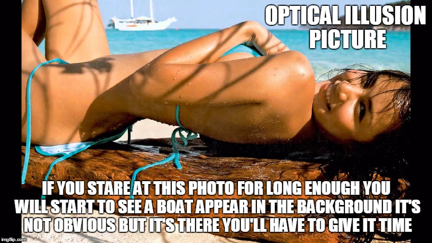 Sexy girl on beach  | OPTICAL ILLUSION PICTURE; IF YOU STARE AT THIS PHOTO FOR LONG ENOUGH YOU WILL START TO SEE A BOAT APPEAR IN THE BACKGROUND IT'S NOT OBVIOUS BUT IT'S THERE YOU'LL HAVE TO GIVE IT TIME | image tagged in sexy girl on beach | made w/ Imgflip meme maker