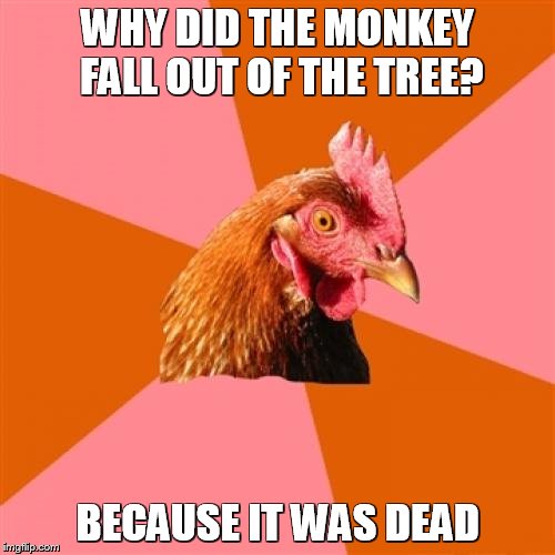 Anti Joke Chicken Meme | WHY DID THE MONKEY FALL OUT OF THE TREE? BECAUSE IT WAS DEAD | image tagged in memes,anti joke chicken | made w/ Imgflip meme maker