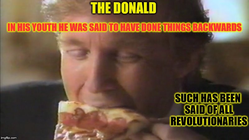 The Donald | THE DONALD; IN HIS YOUTH HE WAS SAID TO HAVE DONE THINGS BACKWARDS; SUCH HAS BEEN SAID OF ALL REVOLUTIONARIES | image tagged in donald trump | made w/ Imgflip meme maker