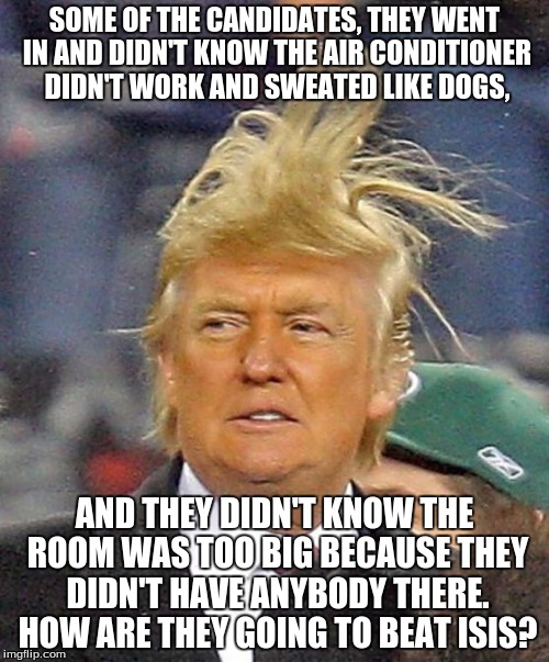 Donald Trumph hair | SOME OF THE CANDIDATES, THEY WENT IN AND DIDN'T KNOW THE AIR CONDITIONER DIDN'T WORK AND SWEATED LIKE DOGS, AND THEY DIDN'T KNOW THE ROOM WAS TOO BIG BECAUSE THEY DIDN'T HAVE ANYBODY THERE. HOW ARE THEY GOING TO BEAT ISIS? | image tagged in donald trumph hair | made w/ Imgflip meme maker