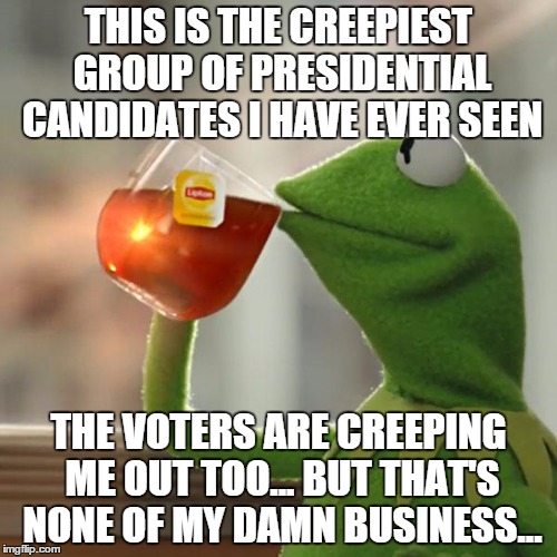 But That's None Of My Business Meme | THIS IS THE CREEPIEST GROUP OF PRESIDENTIAL CANDIDATES I HAVE EVER SEEN; THE VOTERS ARE CREEPING ME OUT TOO... BUT THAT'S NONE OF MY DAMN BUSINESS... | image tagged in memes,but thats none of my business,kermit the frog | made w/ Imgflip meme maker