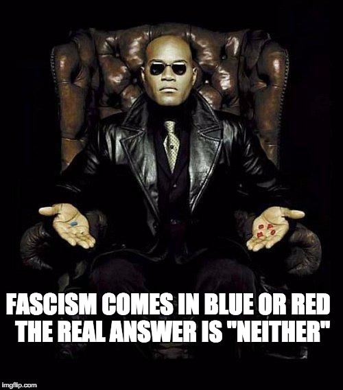 Morpheus Blue & Red Pill |  FASCISM COMES IN BLUE OR RED  THE REAL ANSWER IS "NEITHER" | image tagged in morpheus blue  red pill | made w/ Imgflip meme maker