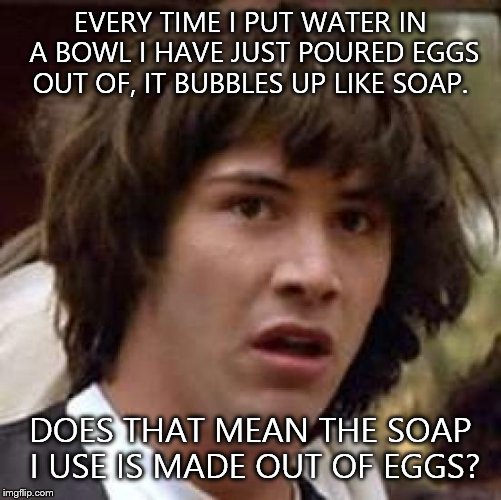 Conspiracy Keanu | EVERY TIME I PUT WATER IN A BOWL I HAVE JUST POURED EGGS OUT OF, IT BUBBLES UP LIKE SOAP. DOES THAT MEAN THE SOAP I USE IS MADE OUT OF EGGS? | image tagged in memes,conspiracy keanu | made w/ Imgflip meme maker