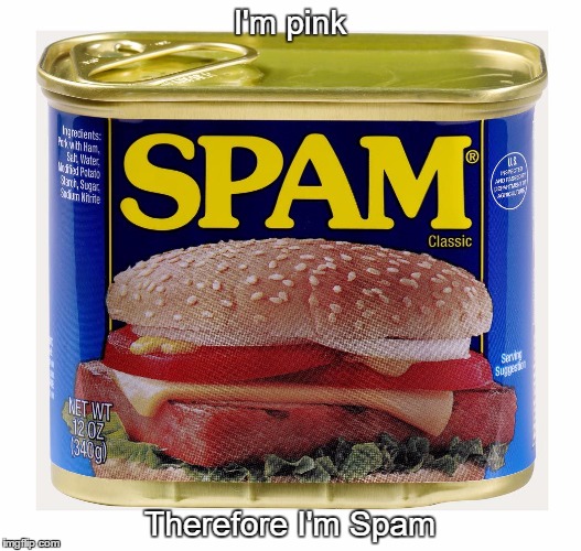 I wish this Sartre guy would stop paraphrasing my philosophy! | I'm pink; Therefore I'm Spam | image tagged in spam | made w/ Imgflip meme maker