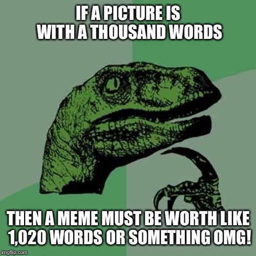 Philosoraptor Meme | IF A PICTURE IS WITH A THOUSAND WORDS THEN A MEME MUST BE WORTH LIKE 1,020 WORDS OR SOMETHING OMG! | image tagged in memes,philosoraptor,funny,funny memes,picture | made w/ Imgflip meme maker