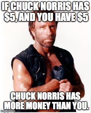 Chuck Norris Flex Meme | IF CHUCK NORRIS HAS $5, AND YOU HAVE $5; CHUCK NORRIS HAS MORE MONEY THAN YOU. | image tagged in chuck norris | made w/ Imgflip meme maker