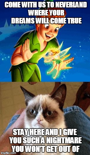 Grumpy Cat Does Not Believe | COME WITH US TO NEVERLAND WHERE YOUR DREAMS WILL COME TRUE; STAY HERE AND I GIVE YOU SUCH A NIGHTMARE YOU WON'T GET OUT OF | image tagged in memes,grumpy cat does not believe | made w/ Imgflip meme maker