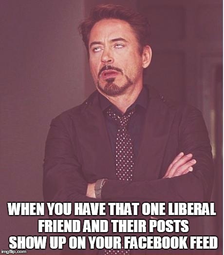 Face You Make Robert Downey Jr | WHEN YOU HAVE THAT ONE LIBERAL FRIEND AND THEIR POSTS SHOW UP ON YOUR FACEBOOK FEED | image tagged in memes,face you make robert downey jr | made w/ Imgflip meme maker