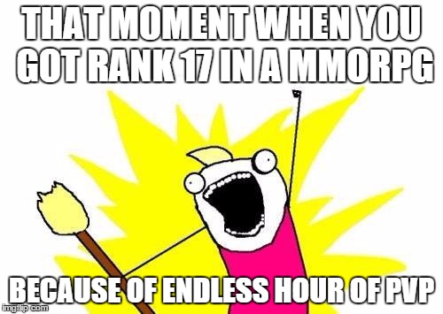 X All The Y Meme | THAT MOMENT WHEN YOU GOT RANK 17 IN A MMORPG; BECAUSE OF ENDLESS HOUR OF PVP | image tagged in memes,x all the y | made w/ Imgflip meme maker