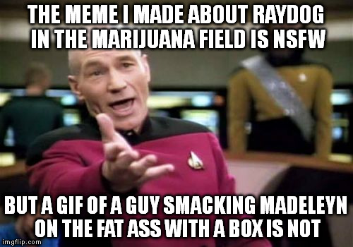 Picard Wtf | THE MEME I MADE ABOUT RAYDOG IN THE MARIJUANA FIELD IS NSFW; BUT A GIF OF A GUY SMACKING MADELEYN ON THE FAT ASS WITH A BOX IS NOT | image tagged in memes,picard wtf | made w/ Imgflip meme maker