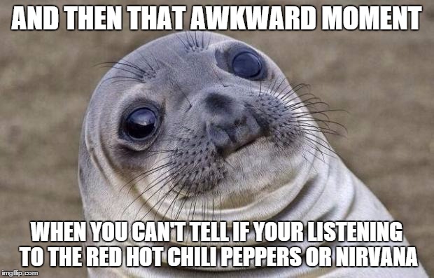 Awkward Moment Sealion | AND THEN THAT AWKWARD MOMENT; WHEN YOU CAN'T TELL IF YOUR LISTENING TO THE RED HOT CHILI PEPPERS OR NIRVANA | image tagged in memes,awkward moment sealion | made w/ Imgflip meme maker