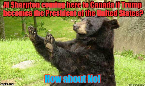 Even a "black" bear says No to Sharpton! | Al Sharpton coming here to Canada if Trump becomes the President of the United States? How about No! | image tagged in how about no bear | made w/ Imgflip meme maker