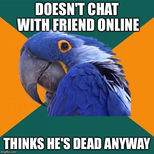 Paranoid Parrot Meme | DOESN'T CHAT WITH FRIEND ONLINE; THINKS HE'S DEAD ANYWAY | image tagged in memes,paranoid parrot | made w/ Imgflip meme maker