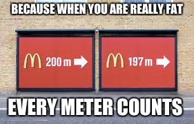 I would have been happier if there were signs for these leading to 24 Hour Fitness  | BECAUSE WHEN YOU ARE REALLY FAT; EVERY METER COUNTS | image tagged in memes,funny signs,mcdonalds,really fat girl,funny | made w/ Imgflip meme maker