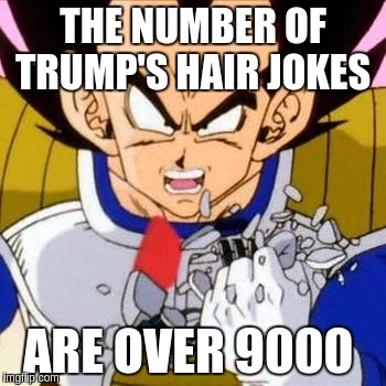 Over 9000 | THE NUMBER OF TRUMP'S HAIR JOKES; ARE OVER 9000 | image tagged in over 9000 | made w/ Imgflip meme maker
