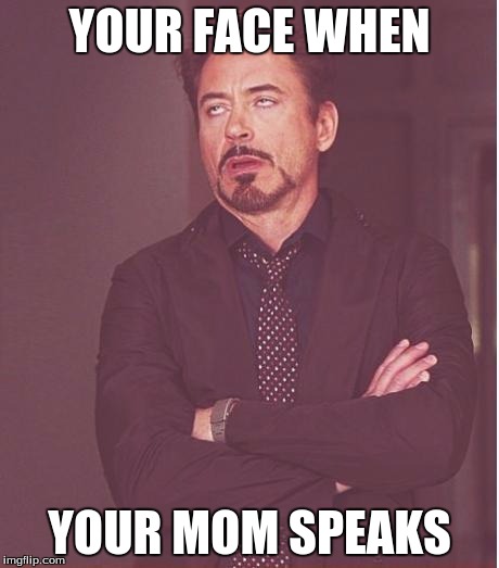 Face You Make Robert Downey Jr | YOUR FACE WHEN; YOUR MOM SPEAKS | image tagged in memes,face you make robert downey jr | made w/ Imgflip meme maker