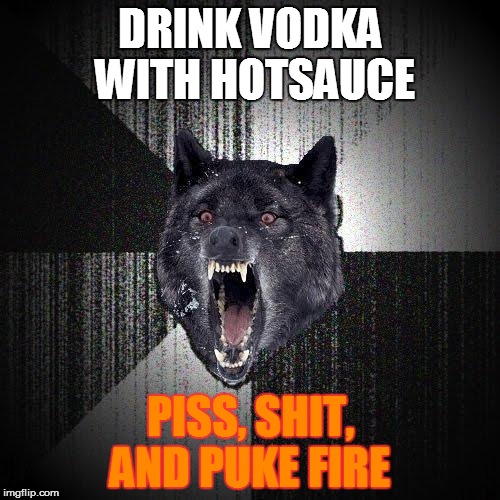 Insanity Wolf Meme | DRINK VODKA WITH HOTSAUCE; PISS, SHIT, AND PUKE FIRE | image tagged in memes,insanity wolf | made w/ Imgflip meme maker