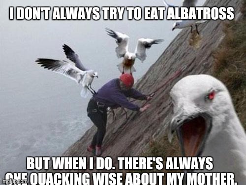 Angry Birds | I DON'T ALWAYS TRY TO EAT ALBATROSS; BUT WHEN I DO. THERE'S ALWAYS ONE QUACKING WISE ABOUT MY MOTHER. | image tagged in angry birds,memes,monty python,funny | made w/ Imgflip meme maker