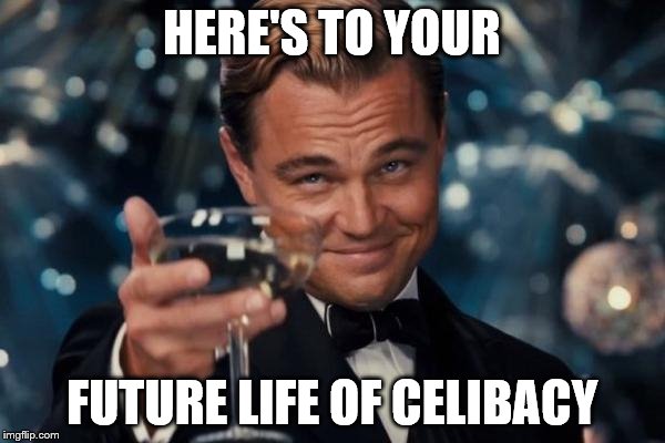 Leonardo Dicaprio Cheers Meme | HERE'S TO YOUR FUTURE LIFE OF CELIBACY | image tagged in memes,leonardo dicaprio cheers | made w/ Imgflip meme maker