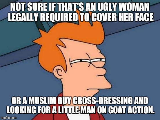 Futurama Fry Meme | NOT SURE IF THAT'S AN UGLY WOMAN LEGALLY REQUIRED TO COVER HER FACE OR A MUSLIM GUY CROSS-DRESSING AND LOOKING FOR A LITTLE MAN ON GOAT ACTI | image tagged in memes,futurama fry | made w/ Imgflip meme maker