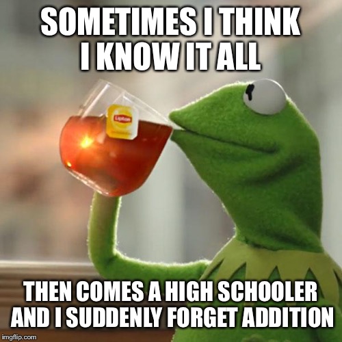 But That's None Of My Business Meme | SOMETIMES I THINK I KNOW IT ALL; THEN COMES A HIGH SCHOOLER AND I SUDDENLY FORGET ADDITION | image tagged in memes,but thats none of my business,kermit the frog | made w/ Imgflip meme maker