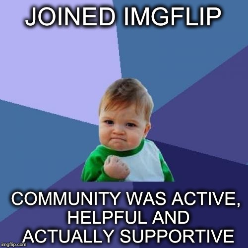 Best internet community I've ever seen; Just about everyone I see is kind and respectful | JOINED IMGFLIP; COMMUNITY WAS ACTIVE, HELPFUL AND ACTUALLY SUPPORTIVE | image tagged in memes,success kid | made w/ Imgflip meme maker