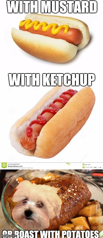 How do you like your hotdogs | WITH MUSTARD; WITH KETCHUP; OR ROAST WITH POTATOES | image tagged in dogs,memes,hotdogs,funny,ketchup | made w/ Imgflip meme maker