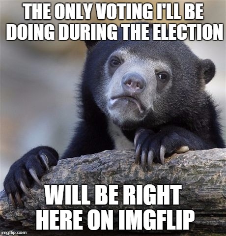 Confession Bear | THE ONLY VOTING I'LL BE DOING DURING THE ELECTION; WILL BE RIGHT HERE ON IMGFLIP | image tagged in memes,confession bear | made w/ Imgflip meme maker