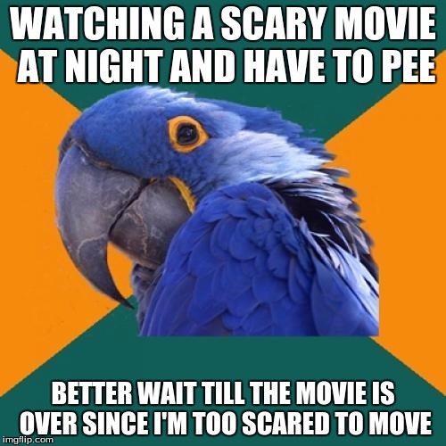 Paranoid Parrot | WATCHING A SCARY MOVIE AT NIGHT AND HAVE TO PEE; BETTER WAIT TILL THE MOVIE IS OVER SINCE I'M TOO SCARED TO MOVE | image tagged in memes,paranoid parrot | made w/ Imgflip meme maker