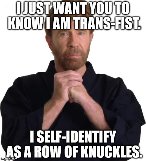 Determined Chuck Norris | I JUST WANT YOU TO KNOW I AM TRANS-FIST. I SELF-IDENTIFY AS A ROW OF KNUCKLES. | image tagged in determined chuck norris | made w/ Imgflip meme maker