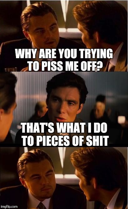 Inception/Toliet Bowl | WHY ARE YOU TRYING TO PISS ME OFF? THAT'S WHAT I DO TO PIECES OF SHIT | image tagged in memes,inception | made w/ Imgflip meme maker