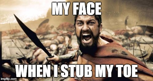 Sparta Leonidas | MY FACE; WHEN I STUB MY TOE | image tagged in memes,sparta leonidas | made w/ Imgflip meme maker