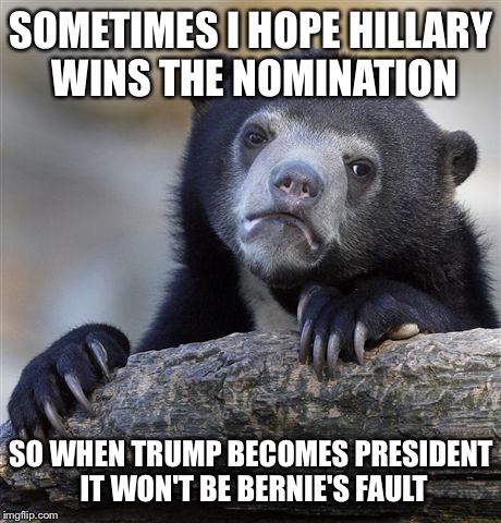 Confession Bear | SOMETIMES I HOPE HILLARY WINS THE NOMINATION; SO WHEN TRUMP BECOMES PRESIDENT IT WON'T BE BERNIE'S FAULT | image tagged in memes,confession bear,AdviceAnimals | made w/ Imgflip meme maker