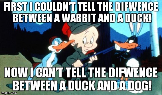 FIRST I COULDN'T TELL THE DIFWENCE BETWEEN A WABBIT AND A DUCK! NOW I CAN'T TELL THE DIFWENCE BETWEEN A DUCK AND A DOG! | made w/ Imgflip meme maker