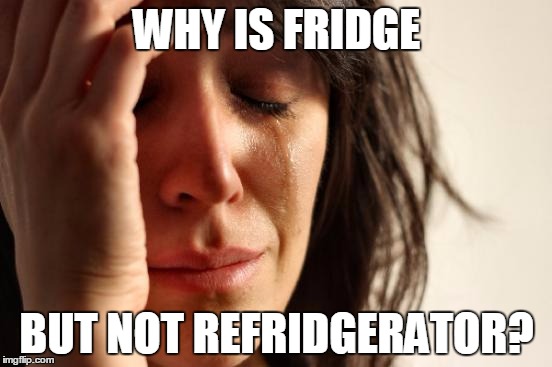 First World Problems | WHY IS FRIDGE; BUT NOT REFRIDGERATOR? | image tagged in memes,first world problems | made w/ Imgflip meme maker