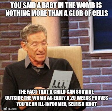 Maury Lie Detector | YOU SAID A BABY IN THE WOMB IS NOTHING MORE THAN A GLOB OF CELLS; THE FACT THAT A CHILD CAN SURVIVE OUTSIDE THE WOMB AS EARLY A 20 WEEKS PROVES YOU'RE AN ILL-INFORMED, SELFISH IDIOT | image tagged in memes,maury lie detector | made w/ Imgflip meme maker