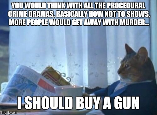 I Should Buy A Boat Cat | YOU WOULD THINK WITH ALL THE PROCEDURAL CRIME DRAMAS, BASICALLY HOW NOT TO SHOWS, MORE PEOPLE WOULD GET AWAY WITH MURDER... I SHOULD BUY A GUN | image tagged in memes,i should buy a boat cat | made w/ Imgflip meme maker