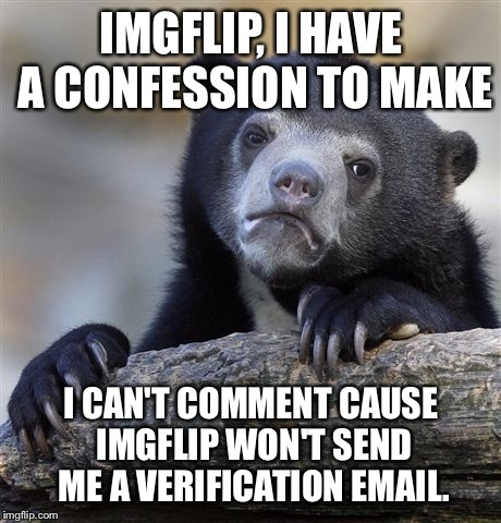 Confession Bear Meme | IMGFLIP, I HAVE A CONFESSION TO MAKE; I CAN'T COMMENT CAUSE IMGFLIP WON'T SEND ME A VERIFICATION EMAIL. | image tagged in memes,confession bear | made w/ Imgflip meme maker